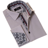 Gray with inside White Ptrined Double Cuff Shirt Mens Slim Fit Designer French Cuff Shirt - tailored Cotton Shirts for Work and Casual Wear